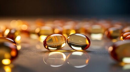 Amber Gel Capsules on Dark Surface with Warm Sunlight Backlighting