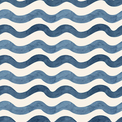 Hand painted watercolor blue indigo waves striped on beige background. Stripe seamless pattern. For fabric, sketchbook, wallpaper, wrapping paper, bags, cards, banner. Stripes wave illustration.