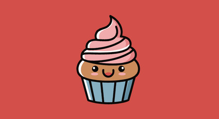 A cartoon cupcake with pink frosting and a smiling face sits against a red background