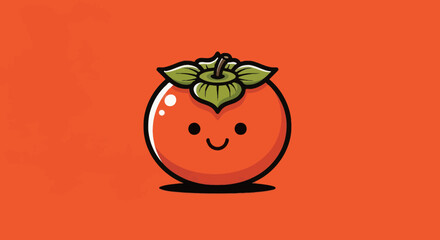 Cartoon persimmon with smiling face and green top on orange background