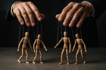 A Captivating Representation of Control and Influence Through Wooden Puppets in a Dramatic Setting, Highlighting the Art of Manipulation and Power Dynamics