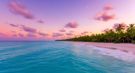 Beautiful tropical beach at sunset with palm trees and colorful sky reflecting on the turquoise ocean water