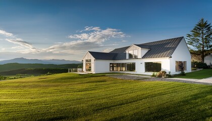 luxury white modern farmhouse boasts panoramic views of rolling hills contemporary rustic design stylish exterior high end home features refined architectural details premium finishes exclusive