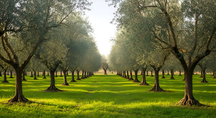Obraz premium A symmetrical perspective of a lush green olive grove with mature trees and a bright sunlit sky in the background