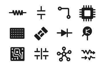 Obraz premium Circuit Component Icons. Solid style icons of Circuit Components: resistor, capacitor, circuit path, microchip, breadboard, fuse,