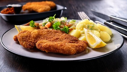 typical austrian food wiener schnitzel deep fried breaded veal sirloin served with potato salad