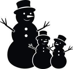 Vector Silhouetted snowman family wearing top hats silhouette illustration