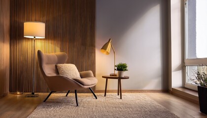 cozy interior lounge space with contemporary armchair and soft floor lamp glow