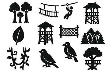 Forest Canopy Icons. Solid style icons of Forest Canopy Adventure: tall trees, rope bridge, zipline cable, wooden tower,