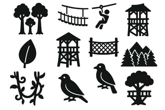 Forest Canopy Icons. Solid style icons of Forest Canopy Adventure: tall trees, rope bridge, zipline cable, wooden tower,