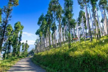 White prayer flags, Buddhist religious symbol, representing air and symbolizing purity, wisdom, and...