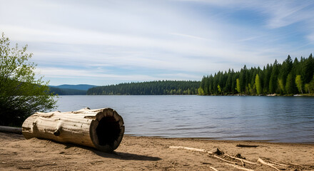Fototapeta premium A weathered log rests on a sandy beach with a calm lake and lush green forest in the background under a partly cloudy sky
