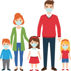 Family wearing masks, cartoon illustration, health safety, pandemic precaution, protective face covering, parents and children, vector art, public health, stock design, awareness