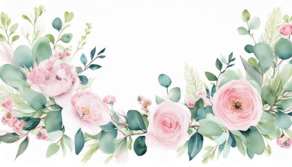 watercolor floral border pink flowers and eucalyptus greenery bouquet dusty roses soft light blush peony border wreath frame perfect wedding stationary greetings fashion background