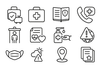 Travel Safety Icons. Line style round icons of travel safety and health: travel insurance, medical kit, safety guide, emergency