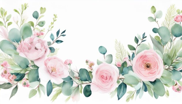 watercolor floral border pink flowers and eucalyptus greenery bouquet dusty roses soft light blush peony border wreath frame perfect wedding stationary greetings fashion background - Powered by Adobe