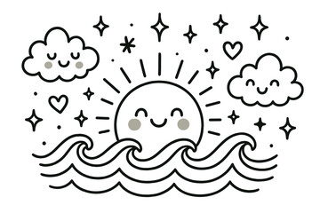 Fototapeta premium Doodle Sunset Joy. Charming doodle vector composition of a smiling sunset dipping behind doodle waves, surrounded by sparkly stars