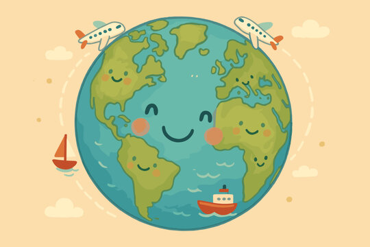 Playful World Adventure. Adorable globe with smiling continents, tiny airplanes and boats circling playfully