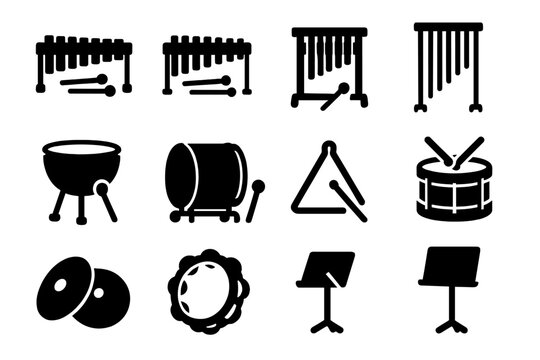 Orchestral Instruments Icons. Solid style icons of Orchestral and school instruments: marimba, glockenspiel, vibraphone,