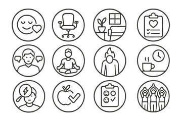 Workplace Wellbeing Icons. Line style round icons of workplace wellbeing: mental health day, ergonomic chair, calm space, wellness