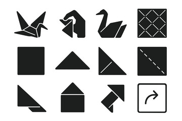 Origami Icons Collection. Solid style icons of Origami essentials: paper crane, folding, swan, pattern, square sheet, mountain