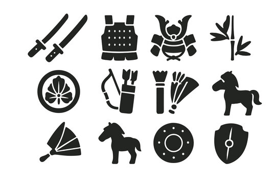 Warrior Essentials Icons. Solid style icons of Warrior Essentials: Katana, Wakizashi, Armor, Kabuto Helmet, Mon Crest, Bow, Quiver