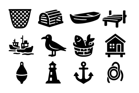 Fishing Village Icons. Solid style icons of Fishing Village: fishing net, wooden lobster trap, small dinghy, wooden pier, docked