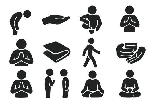 Ceremonial Icon Set. Solid style icons of Ceremonial gestures and symbols: bowing guest, open palm, slow pour, respectful posture,