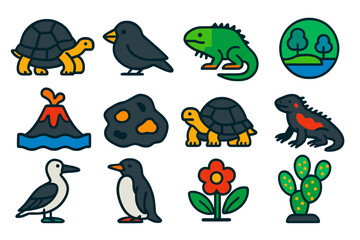 Naklejka premium Galapagos Wildlife Icons. Flat vector icons of Galapagos Exploration: tortoise, finch, iguana, unique ecosystem, volcanic island,