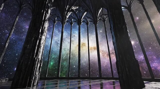Mystic gothic cathedral interior with stunning cosmic sky view through arched windows