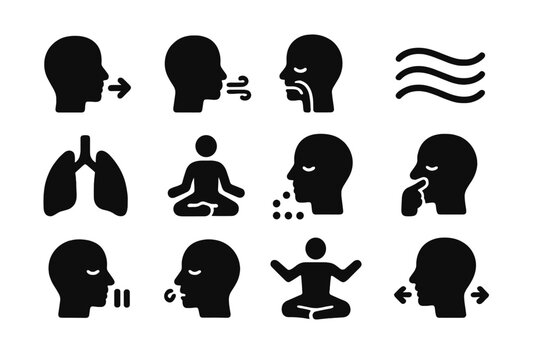 Breathing Exercise Icons. Solid style icons of Breathing Exercises: inhale symbol, exhale symbol, deep breath, flowing air lines,