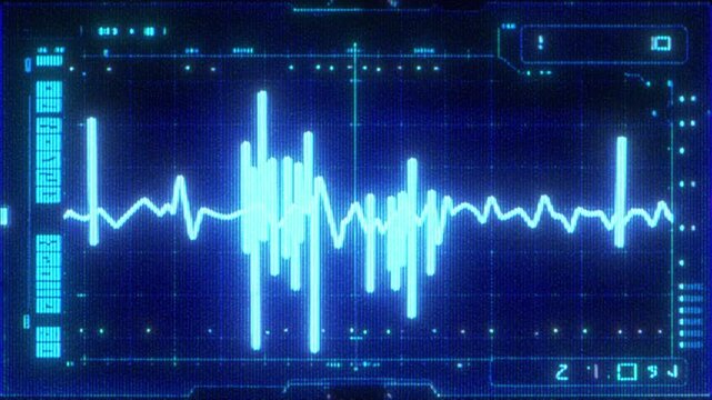 4K Digital blue waveform interface on futuristic display screen, concept of data analysis, sound visualization, artificial intelligence, communication technology, cyber signal processing, innovation, 