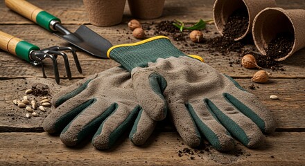 A pair of gardening gloves rests on a wooden surface alongside gardening tools, soil, seeds, and potting cups.