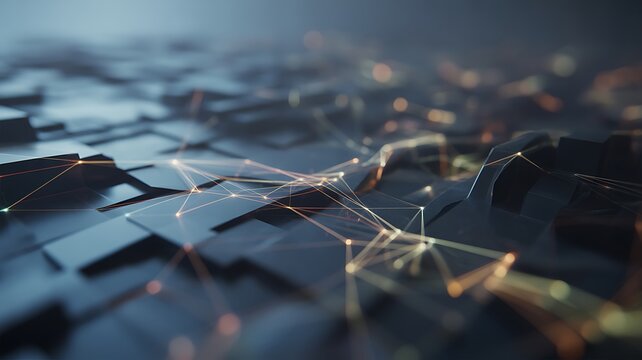 Abstract network of glowing nodes and lines on dark geometric surface technology connection