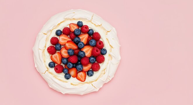 Fruit pavlova on pastel background in minimal sweet presentation