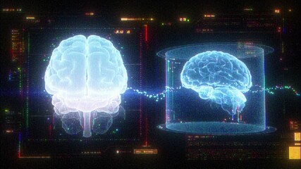 4K Futuristic digital visualization of human brains connected by data stream, concept of artificial intelligence, neural network, brain technology, cognitive computing, science innovation, cyber data  - Powered by Adobe
