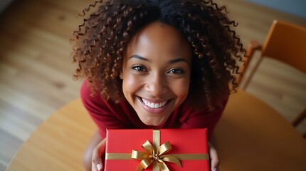 Smiling Person Holding Red Gift Box with Gold Ribbon in Festive Christmas Setting