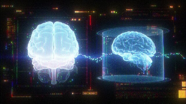 4K Futuristic digital visualization of human brains connected by data stream, concept of artificial intelligence, neural network, brain technology, cognitive computing, science innovation, cyber data 