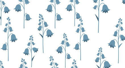 Seamless pattern of blue bell flowers on a white background.