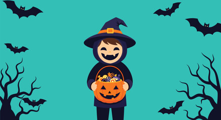 A child dressed as a witch holds a pumpkin bucket full of candy on Halloween surrounded by bats and spooky trees.