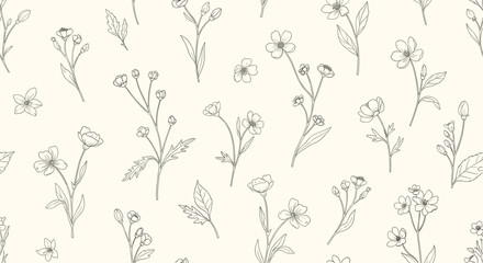 Seamless pattern of delicate line-drawn wildflowers on a cream background, perfect for botanical designs.