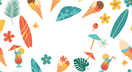 Summer vacation icons including ice cream, surfboards, and tropical drinks on a white background.