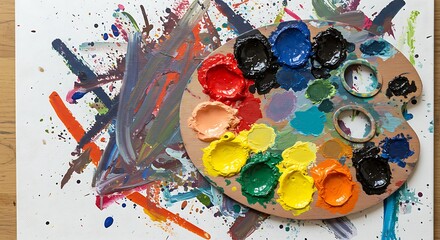 Paint palette and brush strokes on canvas in top-down creative workspace layout