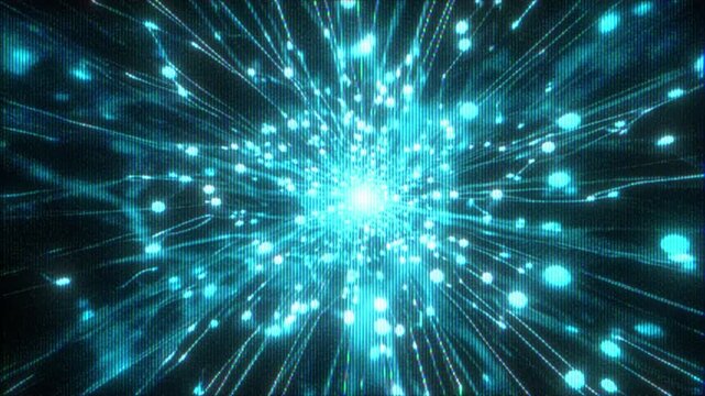 4K Glowing explosion of blue digital particles radiating light, concept of data network, quantum communication, cyber technology, AI innovation, information transfer, futuristic computing, science