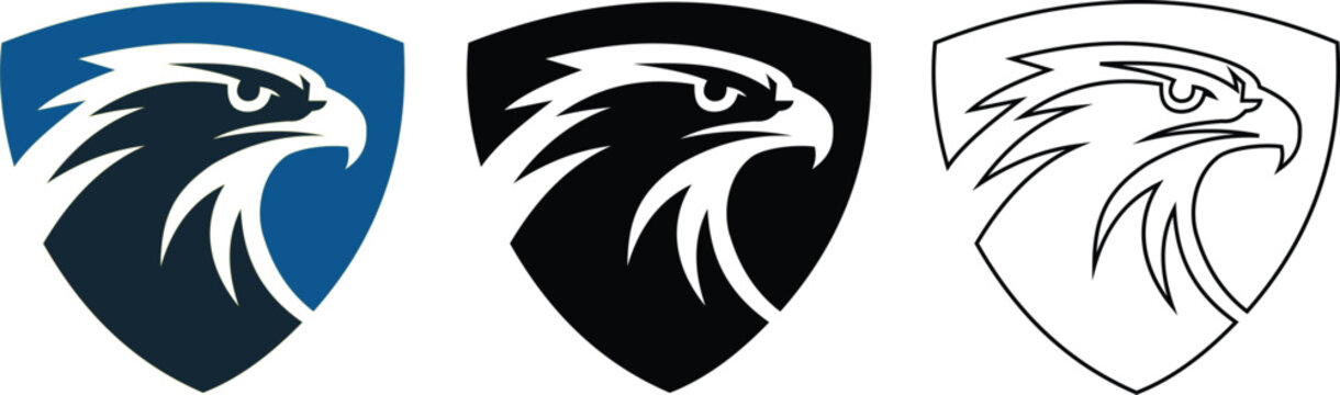 Modern stylized eagle head on shield logo set in vector illustration for sports team or security vector