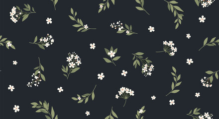 Seamless pattern of delicate white wildflowers and green leaves on a dark background.