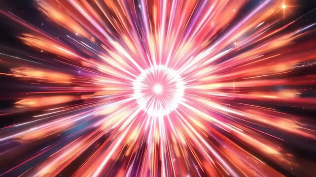 Abstract Radiant Burst of Orange and Pink Light Trails Creating a Floral Starburst Pattern Against a Cosmic Dark Background with Tiny