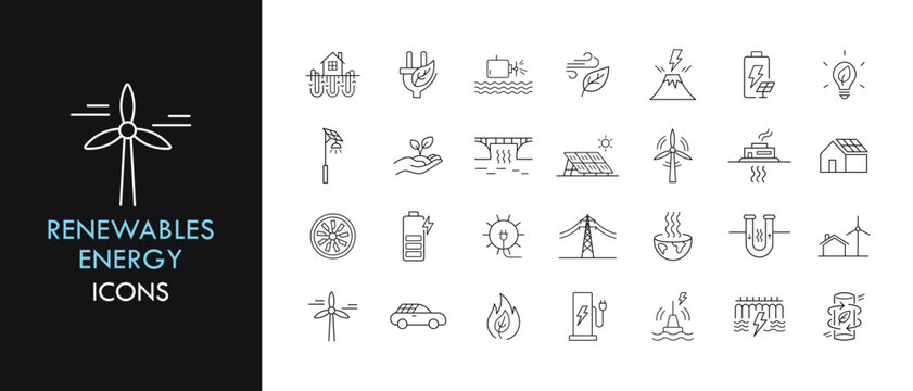 Renewable energy line icon set, outline web icon collection containing Wind Turbine, Solar Panel, Water Power and more, vector illustration in line style.