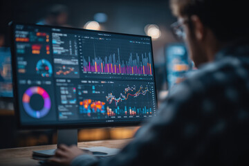 analyzes complex financial data on a modern computer screen. Colorful charts and graphs illustrate market trends and business intelligence in a modern office setting.