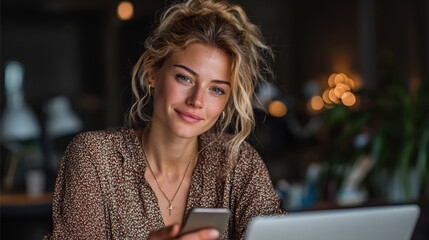 Portrait of a beautiful young blonde woman smiling warmly at the camera, holding a smartphone. She appears engaged in communication or work in a modern indoor setting with a laptop.